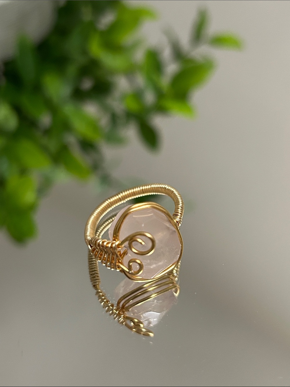 Gold Wire-Wrapped Rose Quartz adjustable Ring - Elegant Pink Gemstone